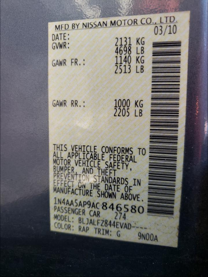 Photo 10 from auction – 2010 NISSAN MAXIMA S with VIN 1N4AA5AP9AC846580