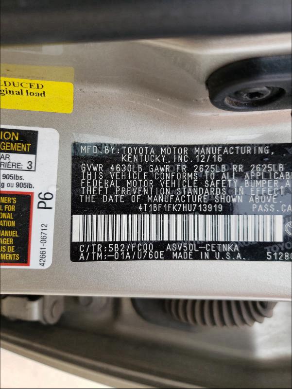 Photo 10 from auction – 2017 TOYOTA CAMRY LE with VIN 4T1BF1FK7HU713919