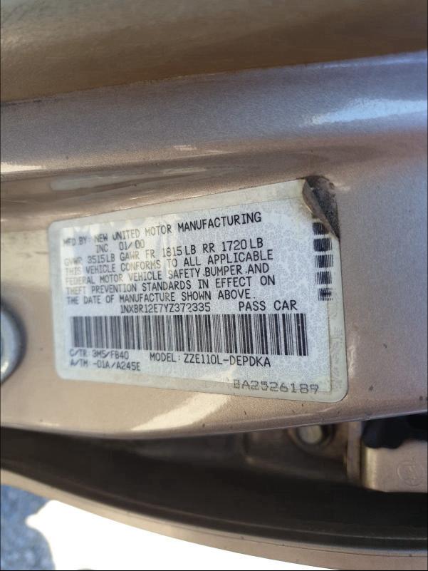 Photo 10 from auction – 2000 TOYOTA COROLLA VE with VIN 1NXBR12E7YZ372335