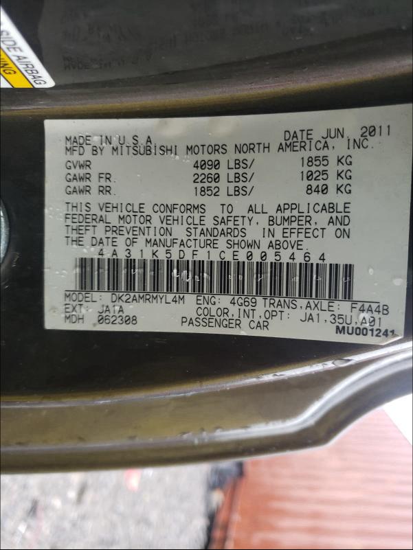 Photo 10 from auction – 2012 MITSUBISHI ECLIPSE GS with VIN 4A31K5DF1CE005464