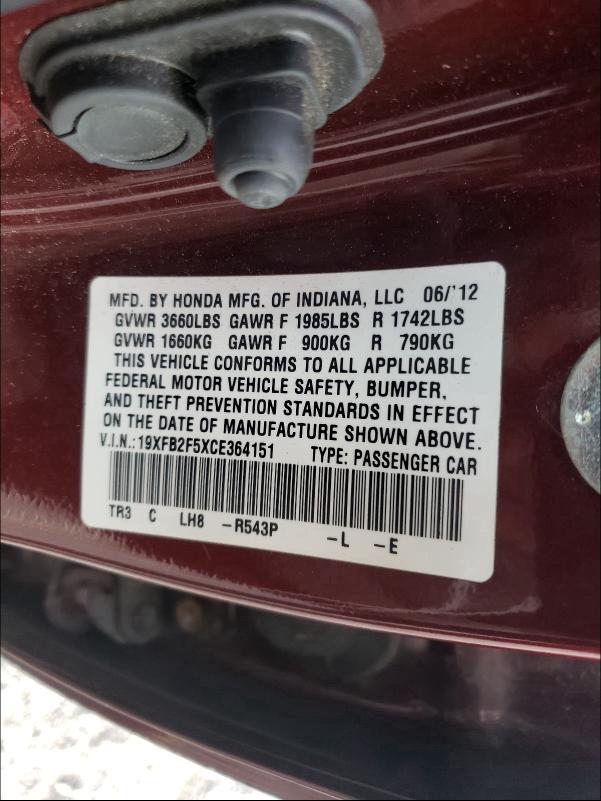 Photo 10 from auction – 2012 HONDA CIVIC LX with VIN 19XFB2F5XCE364151