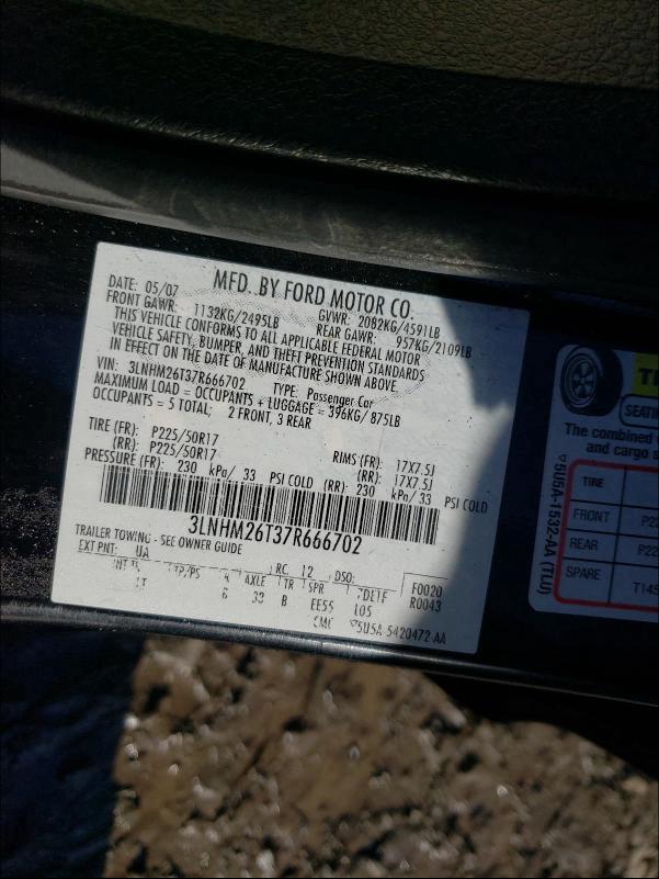 Photo 10 from auction – 2007 LINCOLN MKZ with VIN 3LNHM26T37R666702