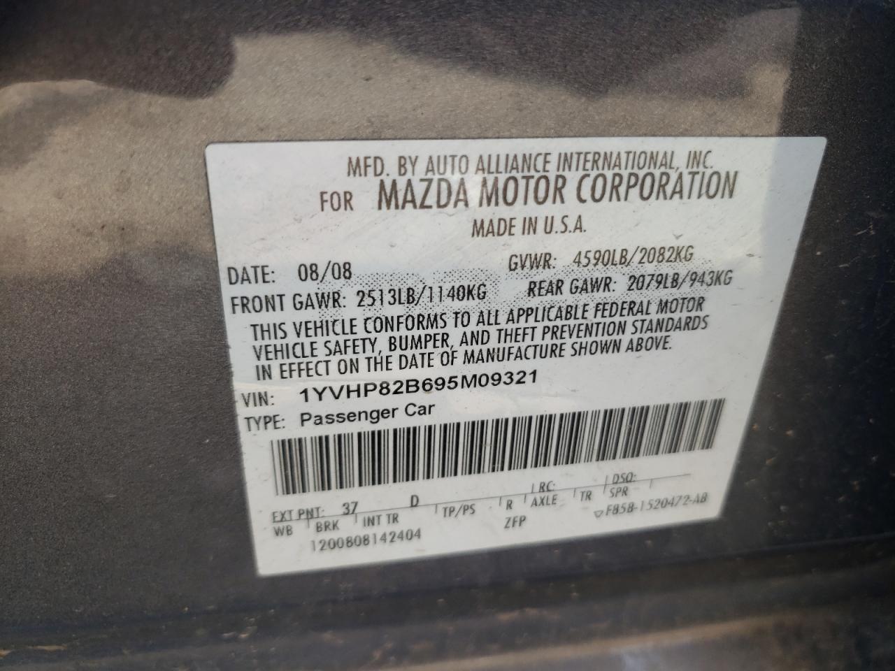 Photo 10 from auction – 2009 MAZDA 6 S with VIN 1YVHP82B695M09321