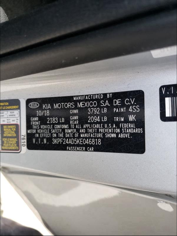 Photo 10 from auction – 2019 KIA FORTE FE with VIN 3KPF24AD5KE046818
