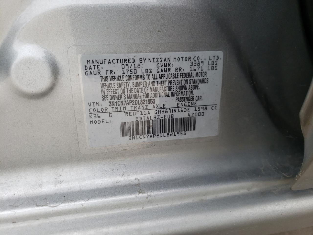 Photo 10 from auction – 2013 NISSAN VERSA S with VIN 3N1CN7AP2DL821955