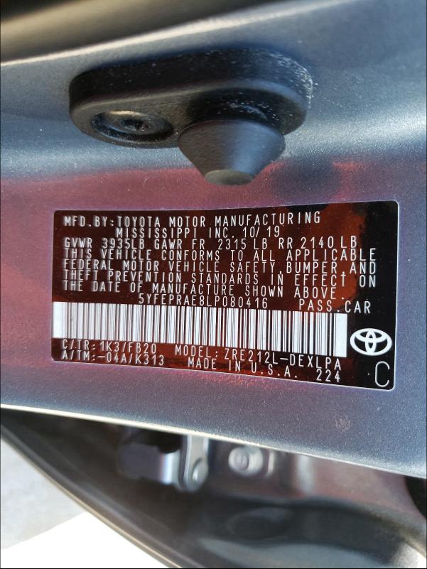 Photo 10 from auction – 2020 TOYOTA COROLLA LE with VIN 5YFEPRAE8LP080416