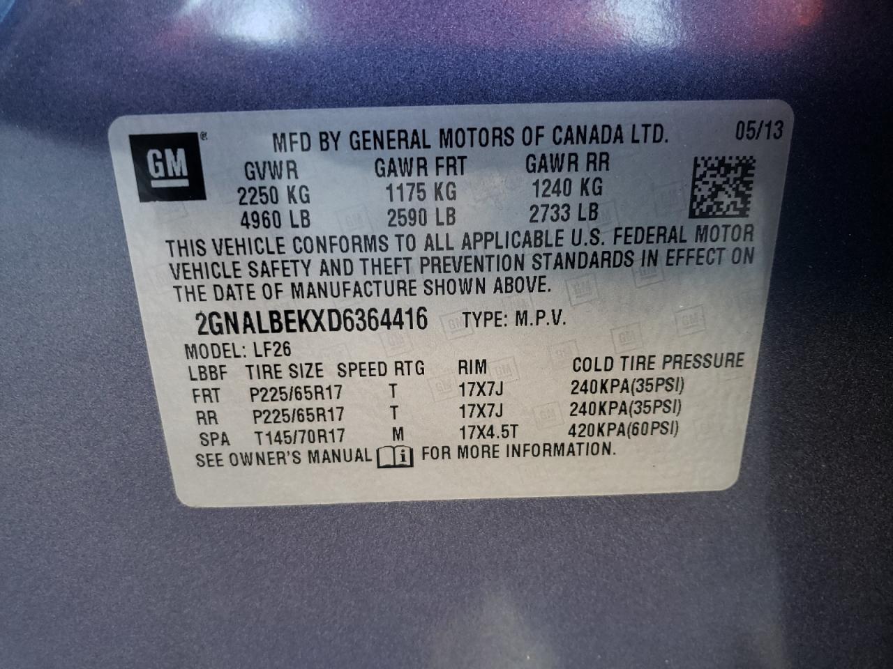 Photo 10 from auction – 2013 CHEVROLET EQUINOX LS with VIN 2GNALBEKXD6364416