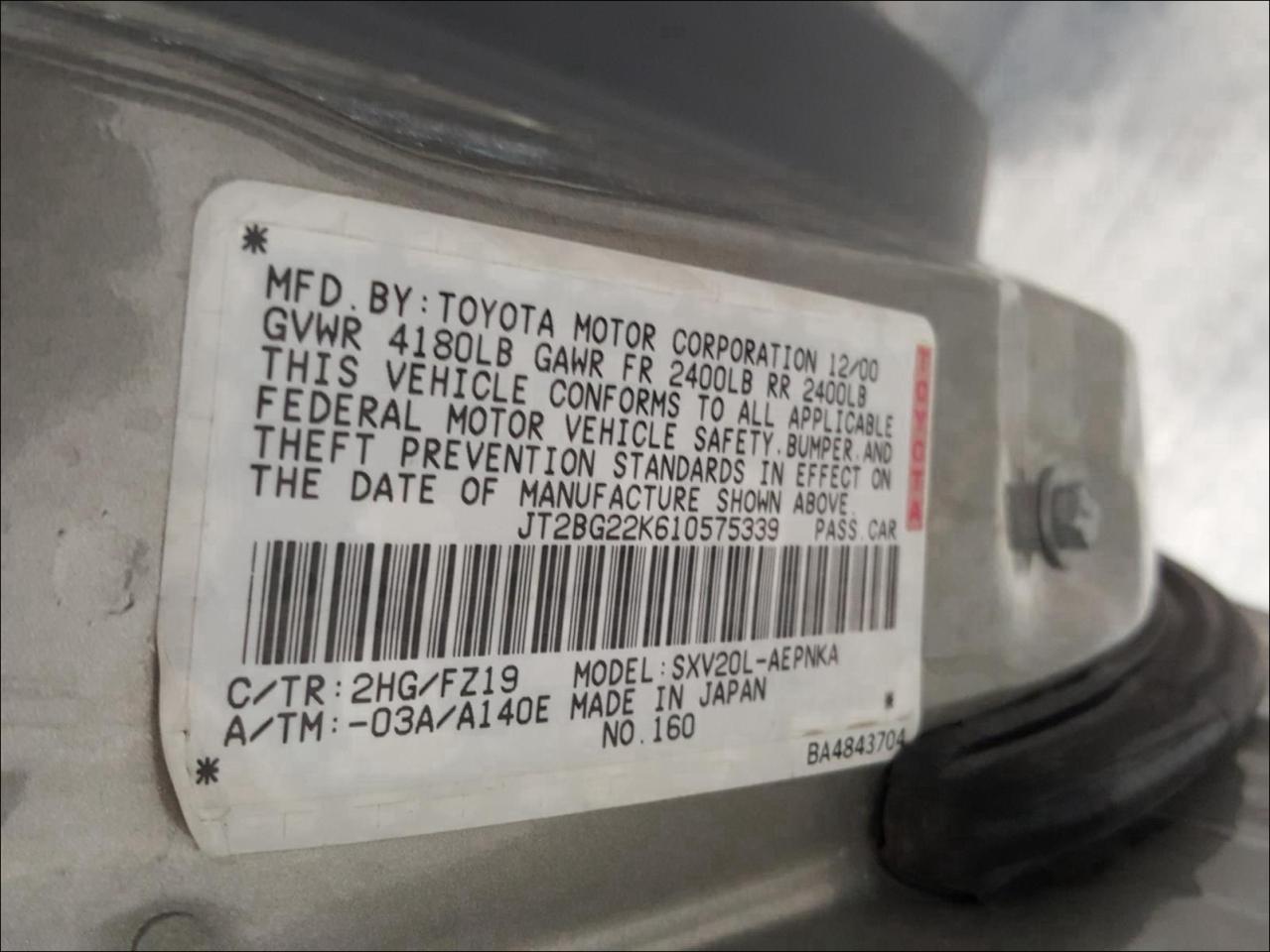 Photo 10 from auction – 2001 TOYOTA CAMRY CE with VIN JT2BG22K610575339