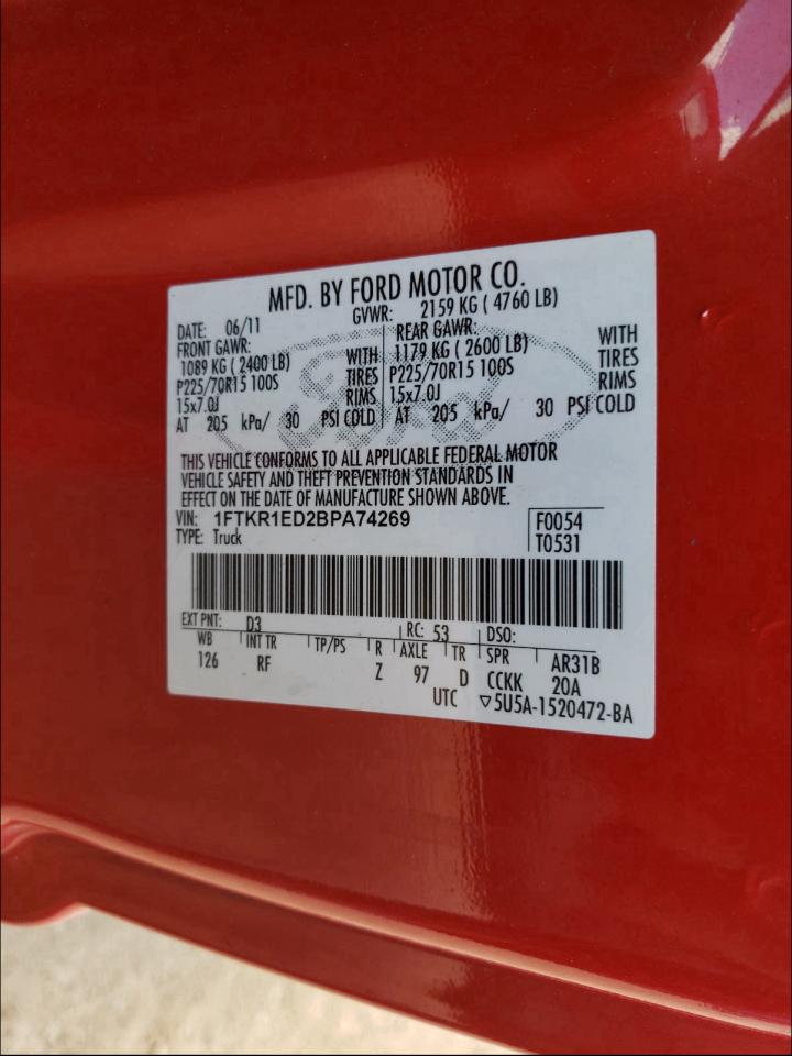Photo 10 from auction – 2011 FORD RANGER SUP with VIN 1FTKR1ED2BPA74269