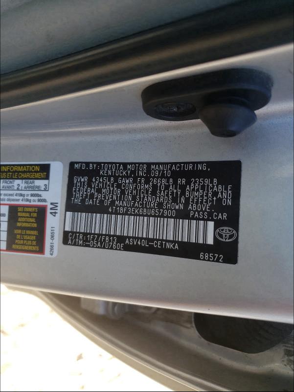 Photo 10 from auction – 2011 TOYOTA CAMRY BASE with VIN 4T1BF3EK6BU657900