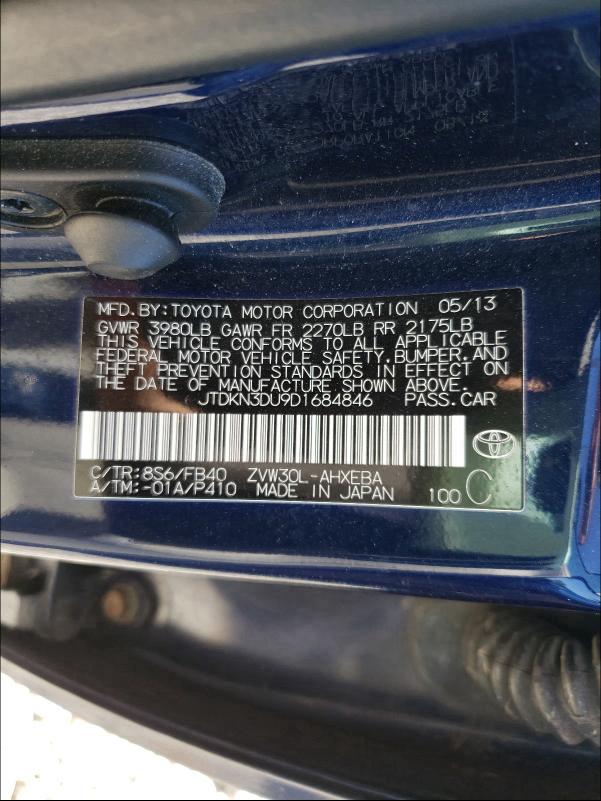 Photo 10 from auction – 2013 TOYOTA PRIUS with VIN JTDKN3DU9D1684846
