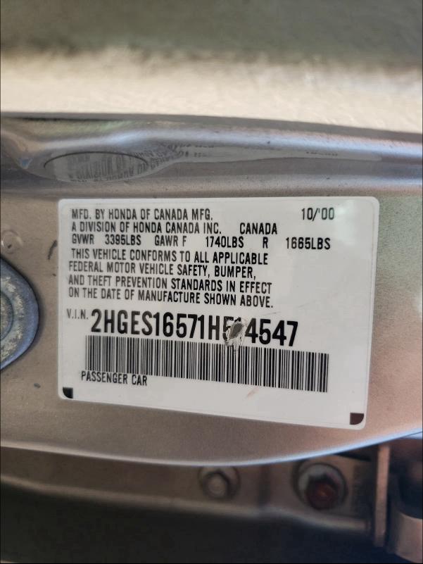 Photo 10 from auction – 2001 HONDA CIVIC LX with VIN 2HGES16571H514547
