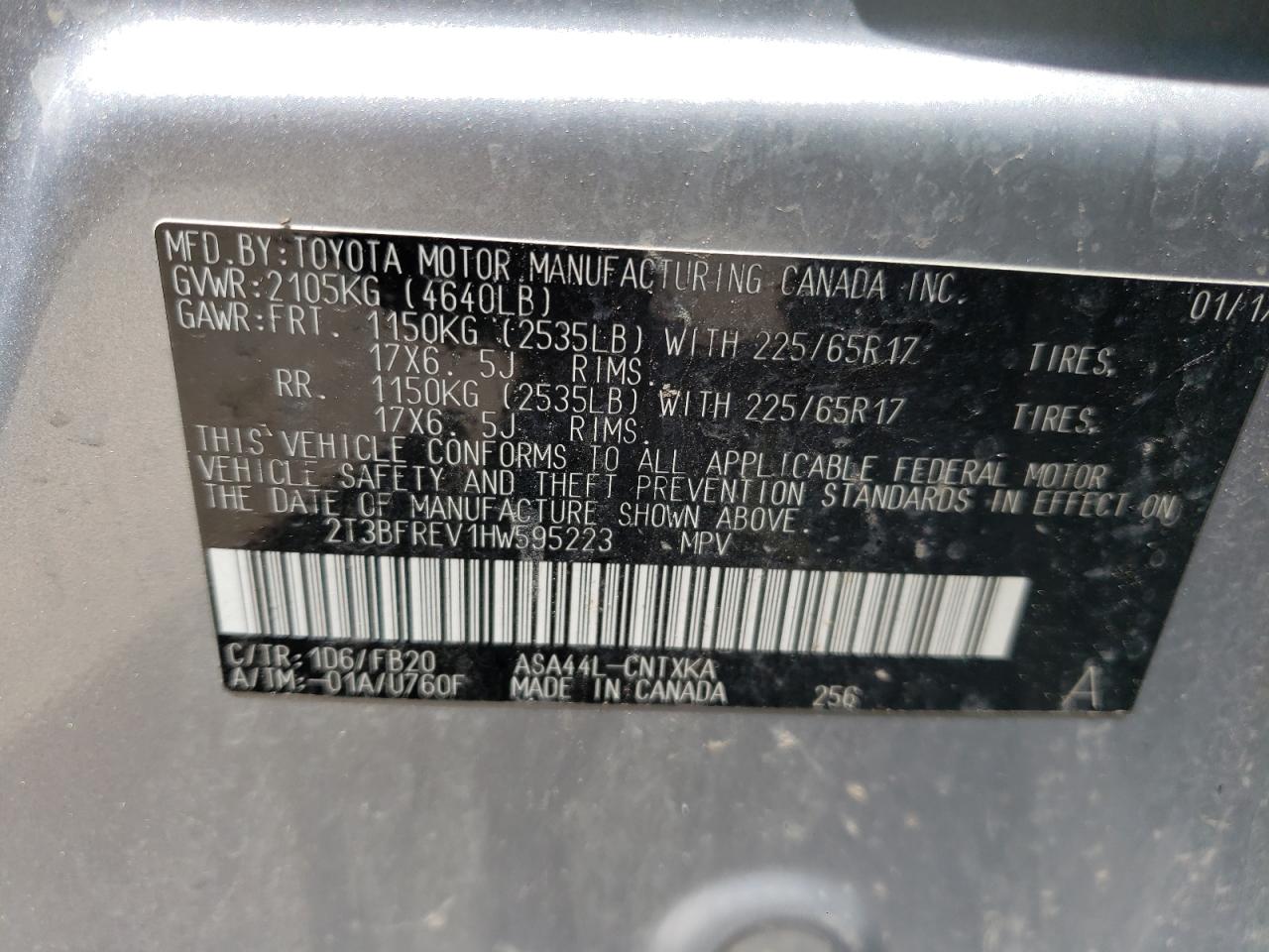 Photo 10 from auction – 2017 TOYOTA RAV4 LE with VIN 2T3BFREV1HW595223