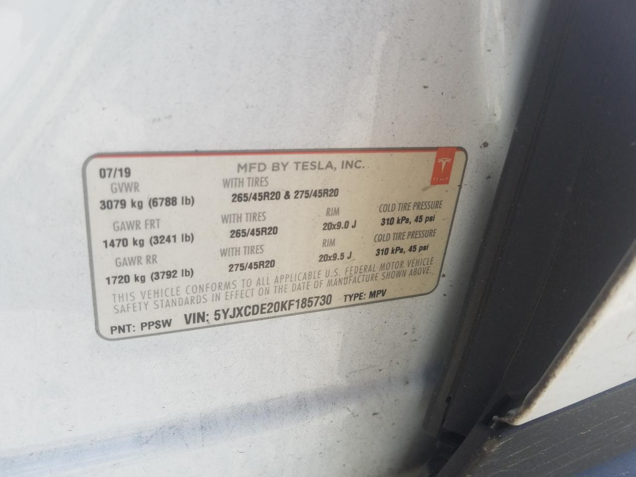Photo 10 from auction – 2019 TESLA MODEL X with VIN 5YJXCDE20KF185730