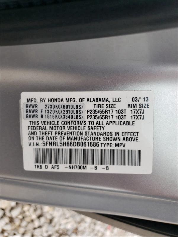 Photo 10 from auction – 2013 HONDA ODYSSEY EX with VIN 5FNRL5H66DB061686