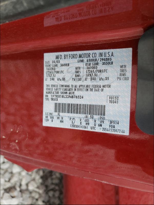 Photo 10 from auction – 2003 FORD F150 4WD with VIN 1FTRX18L33NB76524