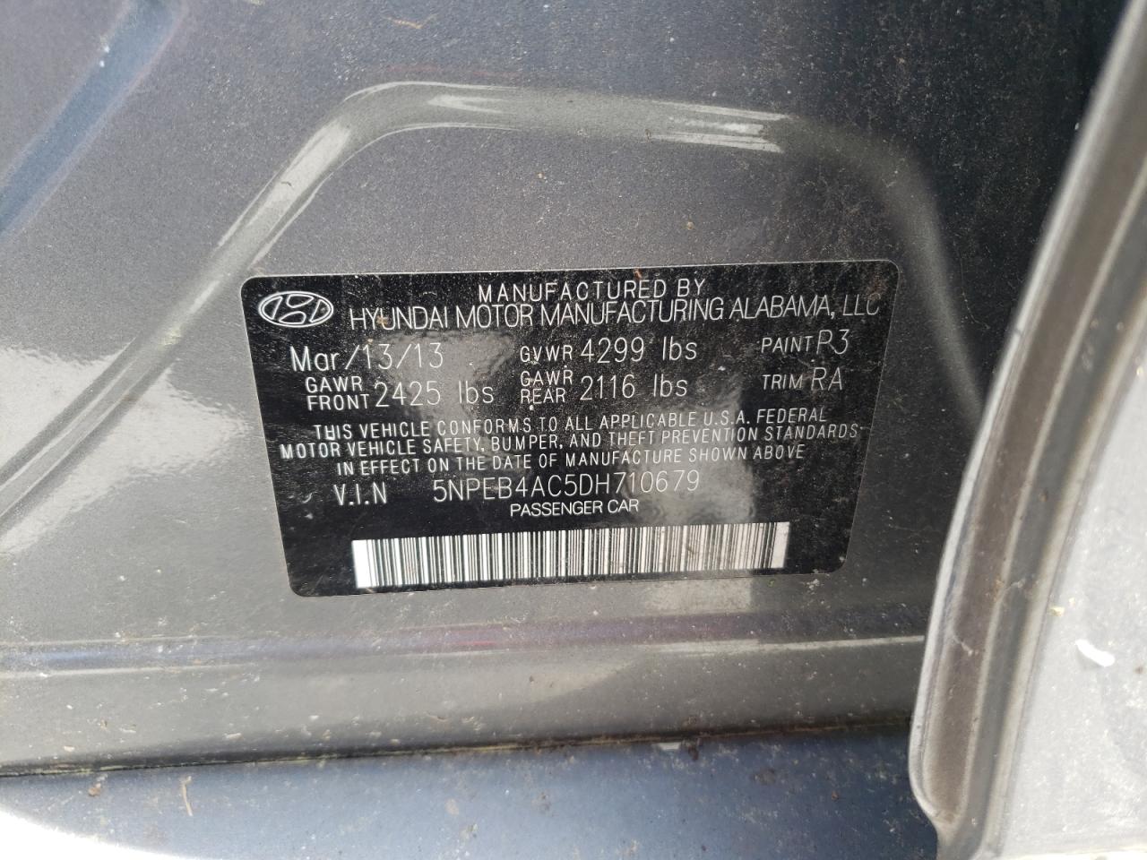 Photo 10 from auction – 2013 HYUNDAI SONATA GLS with VIN 5NPEB4AC5DH710679