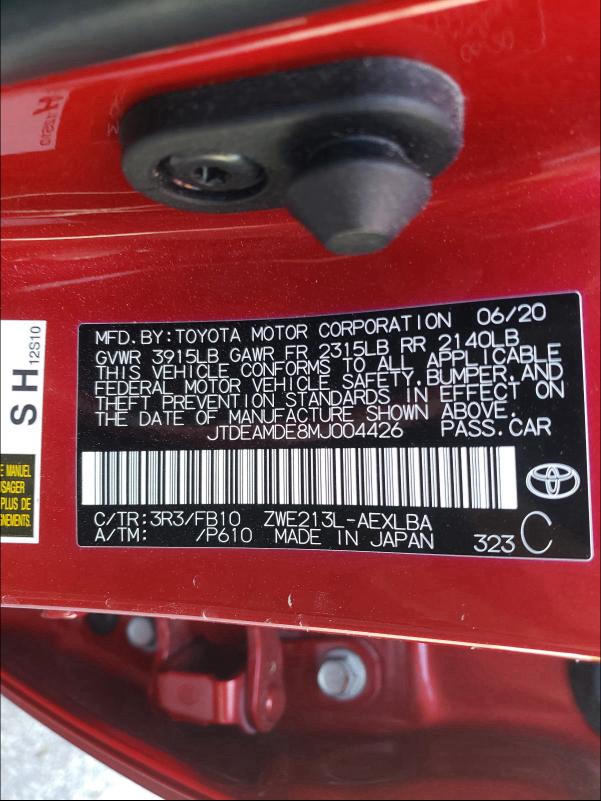 Photo 10 from auction – 2021 TOYOTA COROLLA LE with VIN JTDEAMDE8MJ004426