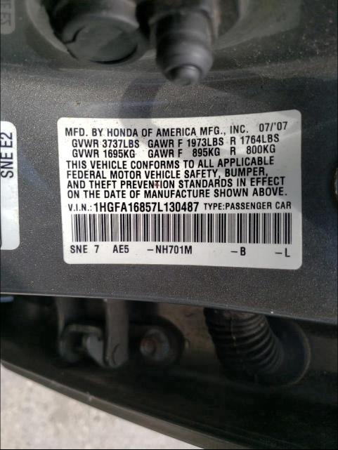 Photo 10 from auction – 2007 HONDA CIVIC EX with VIN 1HGFA16857L130487