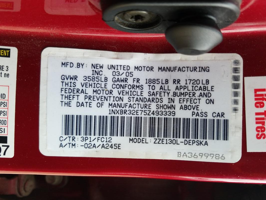 Photo 10 from auction – 2005 TOYOTA COROLLA CE with VIN 1NXBR32E75Z493339
