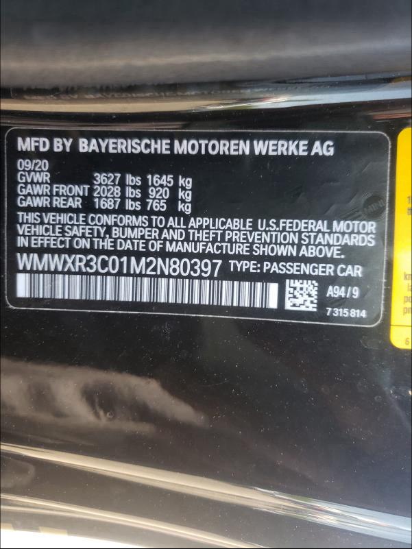 Photo 10 from auction – 2021 MINI COOPER with VIN WMWXR3C01M2N80397