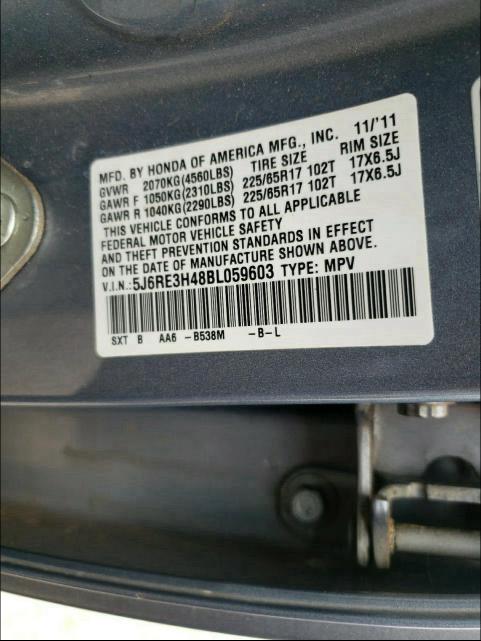 Photo 10 from auction – 2011 HONDA CR-V with VIN 5J6RE3H48BL059603