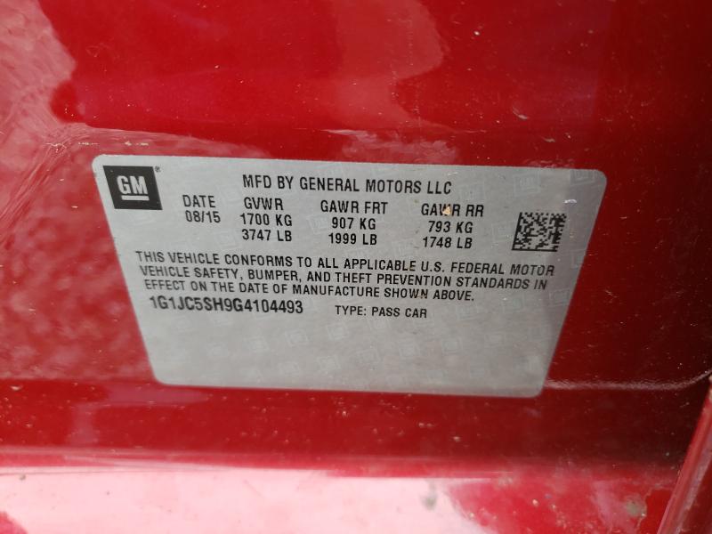Photo 10 from auction – 2016 CHEVROLET SONIC LT with VIN 1G1JC5SH9G4104493