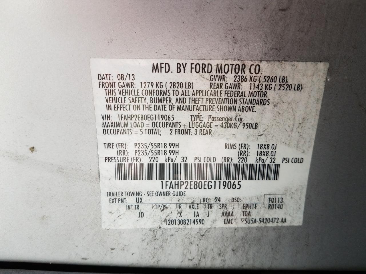 Photo 10 from auction – 2014 FORD TAURUS SEL with VIN 1FAHP2E80EG119065