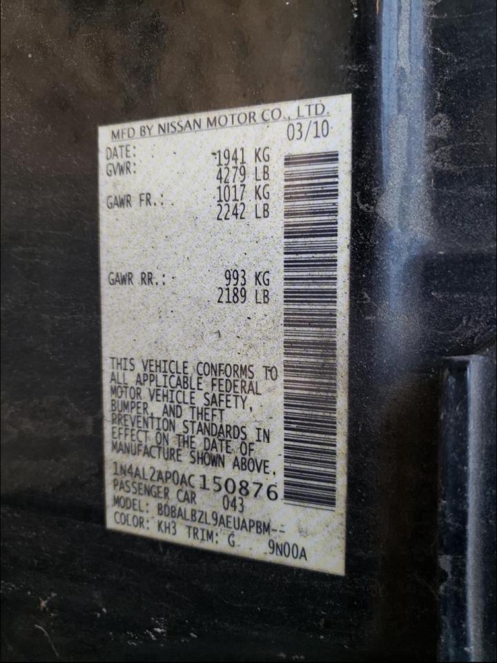 Photo 10 from auction – 2010 NISSAN ALTIMA BAS with VIN 1N4AL2AP0AC150876