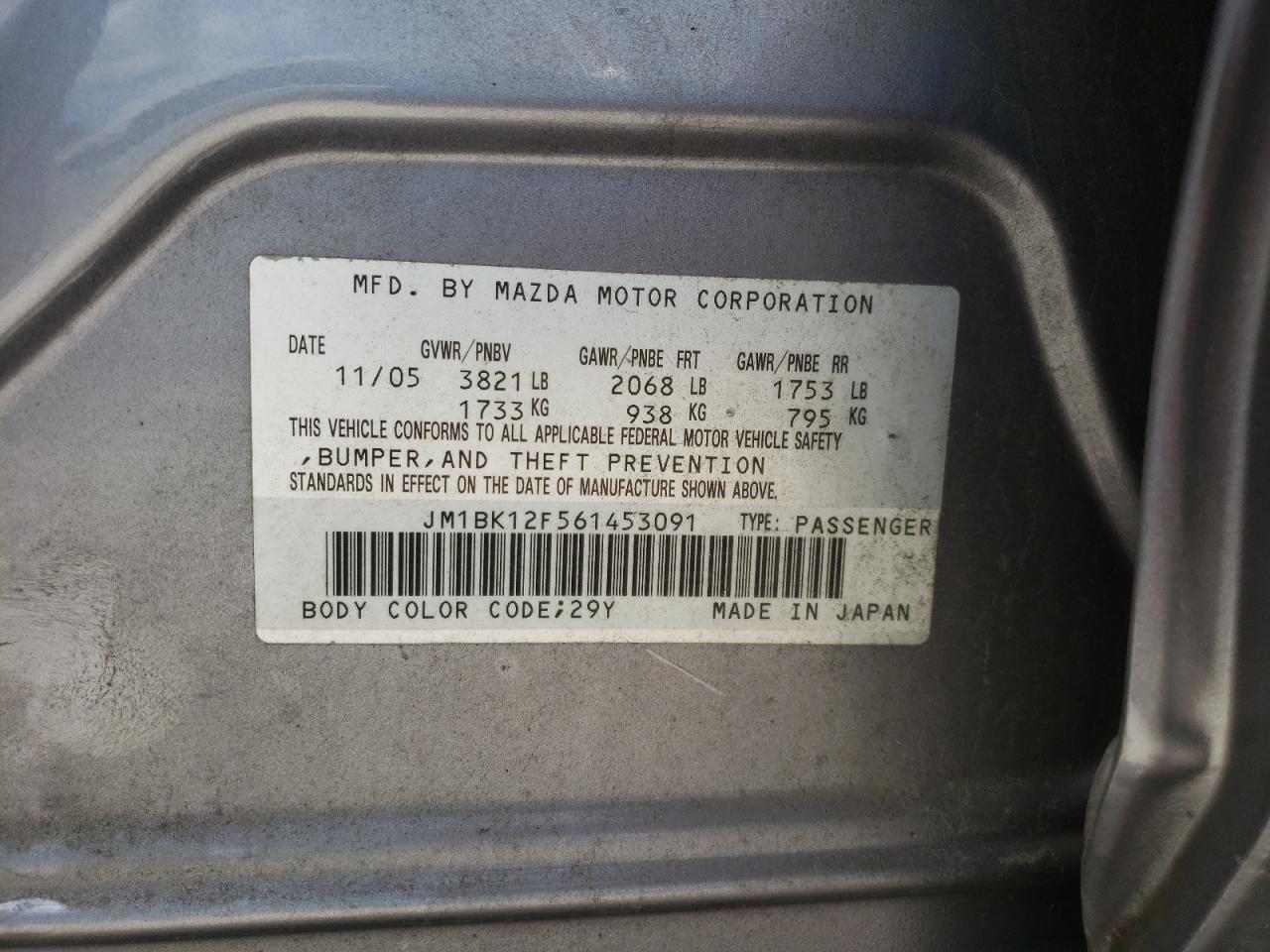 Photo 10 from auction – 2006 MAZDA 3 I with VIN JM1BK12F561453091