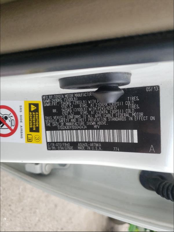 Photo 10 from auction – 2013 TOYOTA HIGHLANDER with VIN 5TDZA3EH1DS040434