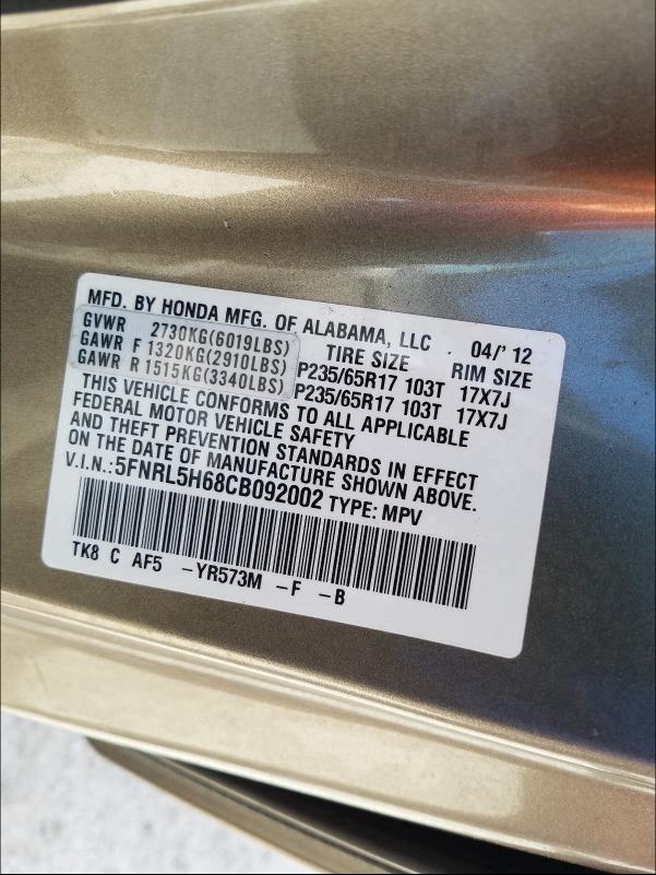 Photo 10 from auction – 2012 HONDA ODYSSEY EX with VIN 5FNRL5H68CB092002