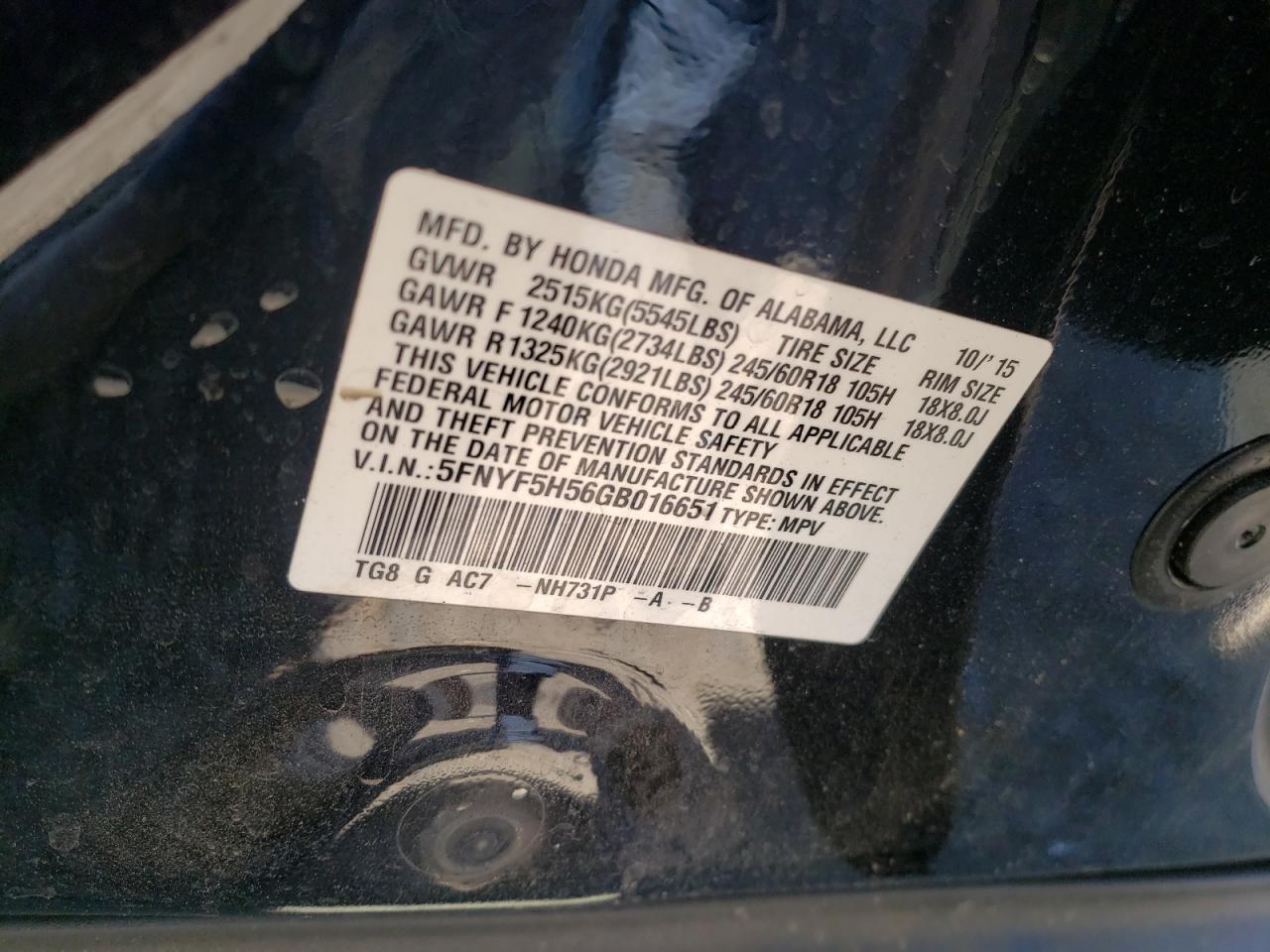 Photo 10 from auction – 2016 HONDA PILOT EXL with VIN 5FNYF5H56GB016651