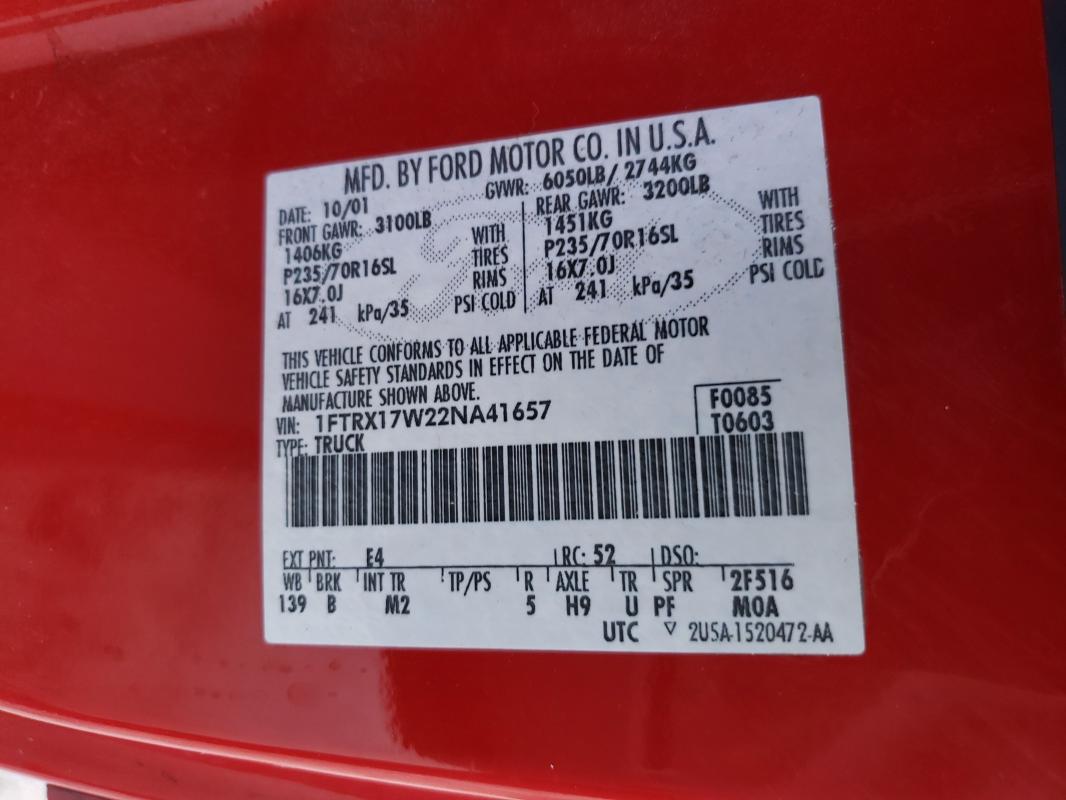 Photo 10 from auction – 2002 FORD F150 with VIN 1FTRX17W22NA41657