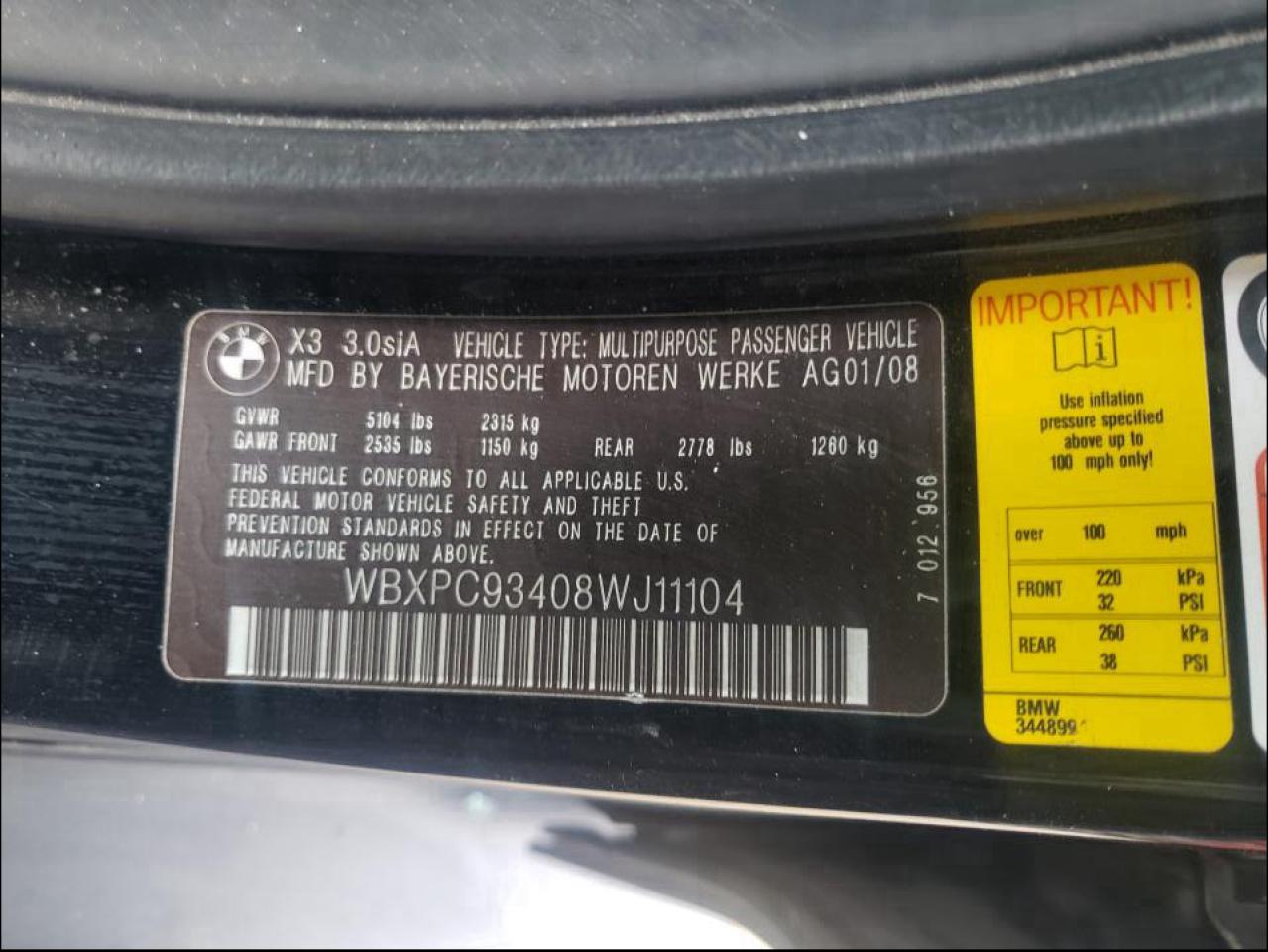 Photo 10 from auction – 2008 BMW X3 3.0SI with VIN WBXPC93408WJ11104
