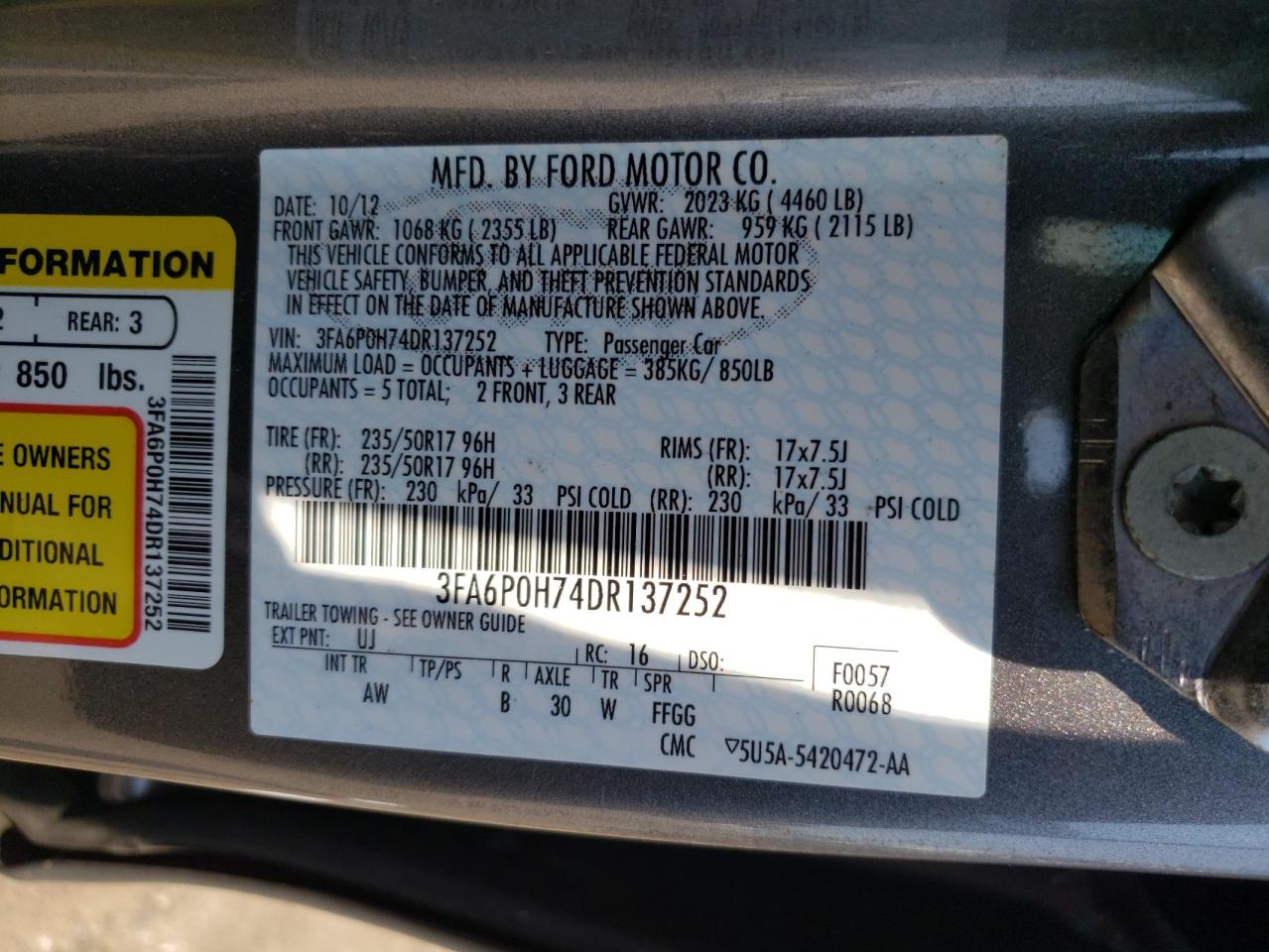 Photo 10 from auction – 2013 FORD FUSION SE with VIN 3FA6P0H74DR137252