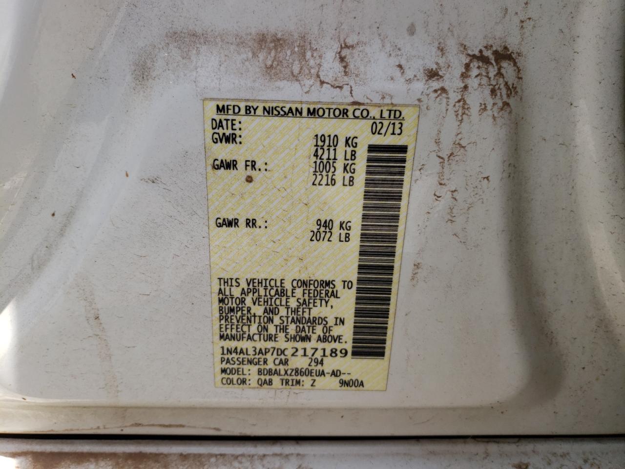 Photo 10 from auction – 2013 NISSAN ALTIMA 2.5 with VIN 1N4AL3AP7DC217189