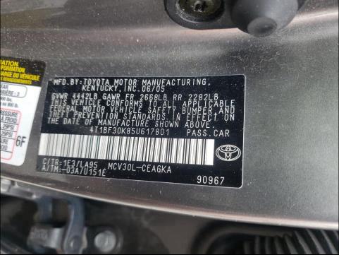 Photo 10 from auction – 2005 TOYOTA CAMRY LE with VIN 4T1BF30K85U617801