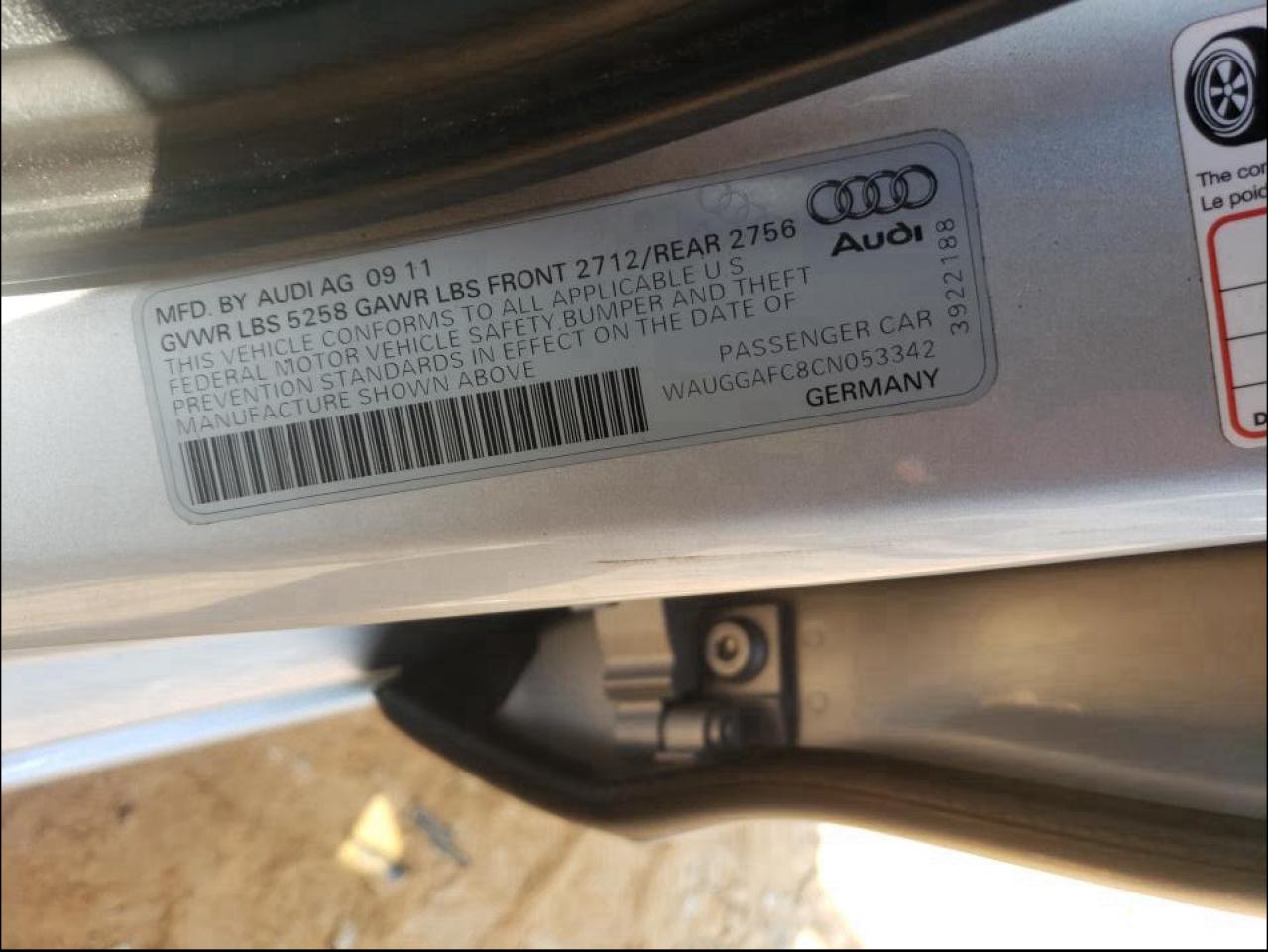 Photo 10 from auction – 2012 AUDI A6 PREMIUM with VIN WAUGGAFC8CN053342