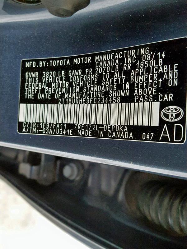 Photo 10 from auction – 2015 TOYOTA COROLLA L with VIN 2T1BURHE9FC234458