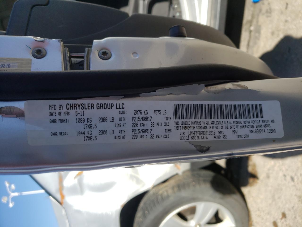 Photo 10 from auction – 2011 JEEP COMPASS SP with VIN 1J4NF1FB7BD219210