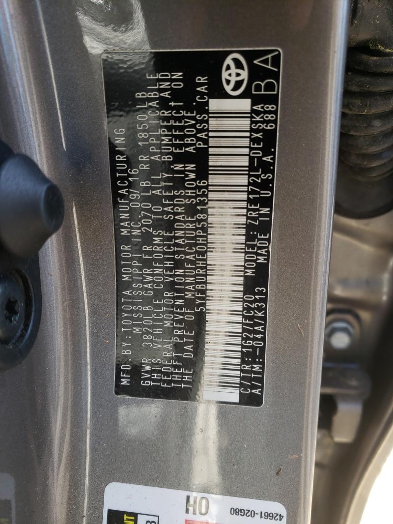 Photo 10 from auction – 2017 TOYOTA COROLLA L with VIN 5YFBURHE0HP581356