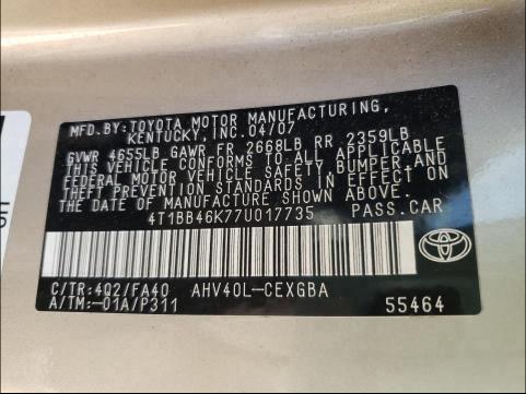 Photo 10 from auction – 2007 TOYOTA CAMRY HYBR with VIN 4T1BB46K77U017735