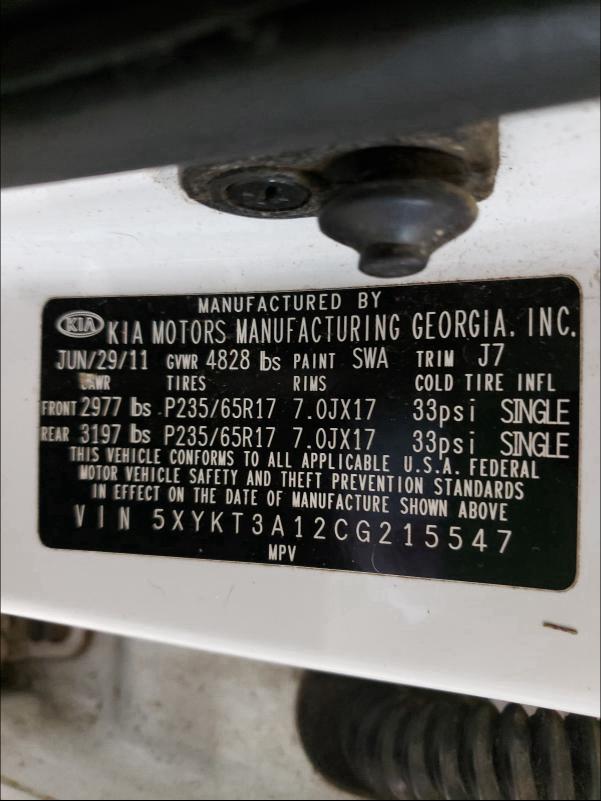Photo 10 from auction – 2012 KIA SORENTO BA with VIN 5XYKT3A12CG215547