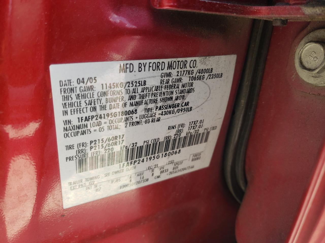 Photo 10 from auction – 2005 FORD FIVE HUNDR with VIN 1FAFP24195G180068