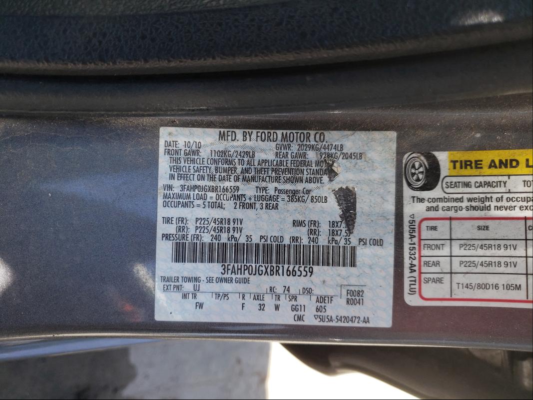 Photo 10 from auction – 2011 FORD FUSION SEL with VIN 3FAHP0JGXBR166559