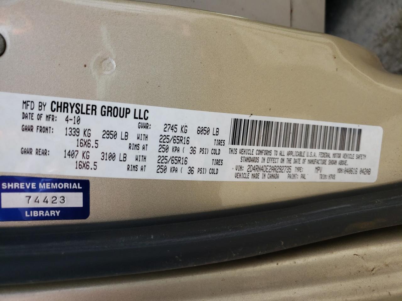 Photo 10 from auction – 2010 DODGE GRAND CARA with VIN 2D4RN4DE2AR292735