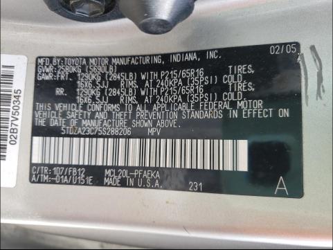 Photo 10 from auction – 2005 TOYOTA SIENNA CE with VIN 5TDZA23C75S288206