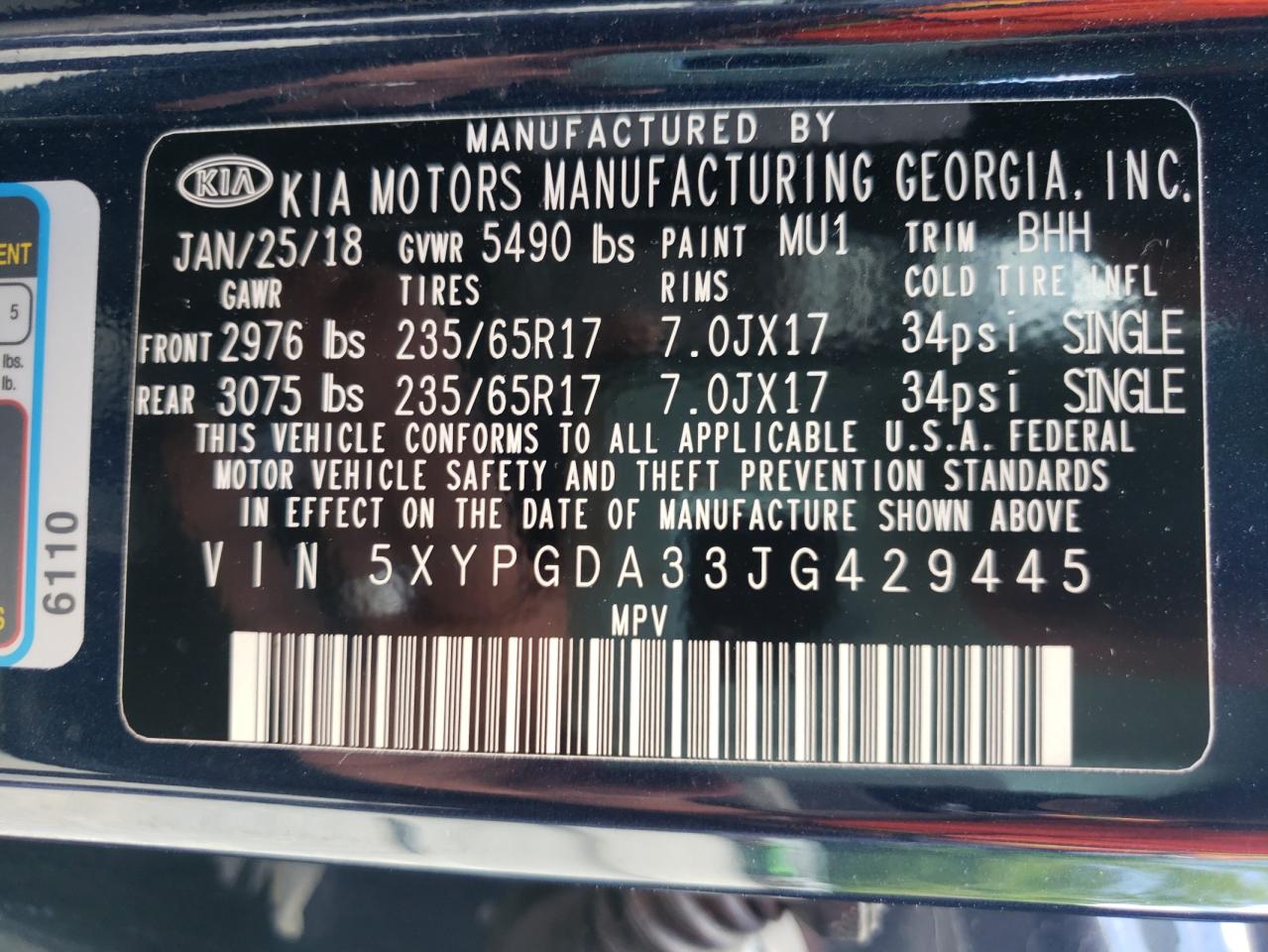 Photo 10 from auction – 2018 KIA SORENTO LX with VIN 5XYPGDA33JG429445