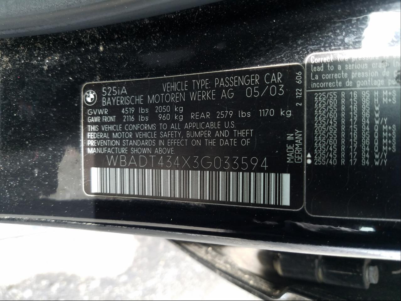 Photo 10 from auction – 2003 BMW 525 I AUTO with VIN WBADT434X3G033594